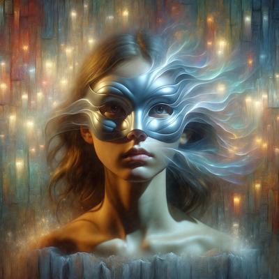 The primary subject of the image is a woman wearing a mask. She is the main focus of the image, and her face is prominently displayed. The setting is a room with a backdrop of a wall, and the visual style appears to be a digital art or illustration. The colors in the image are predominantly blue and white, creating a calm and serene atmosphere.